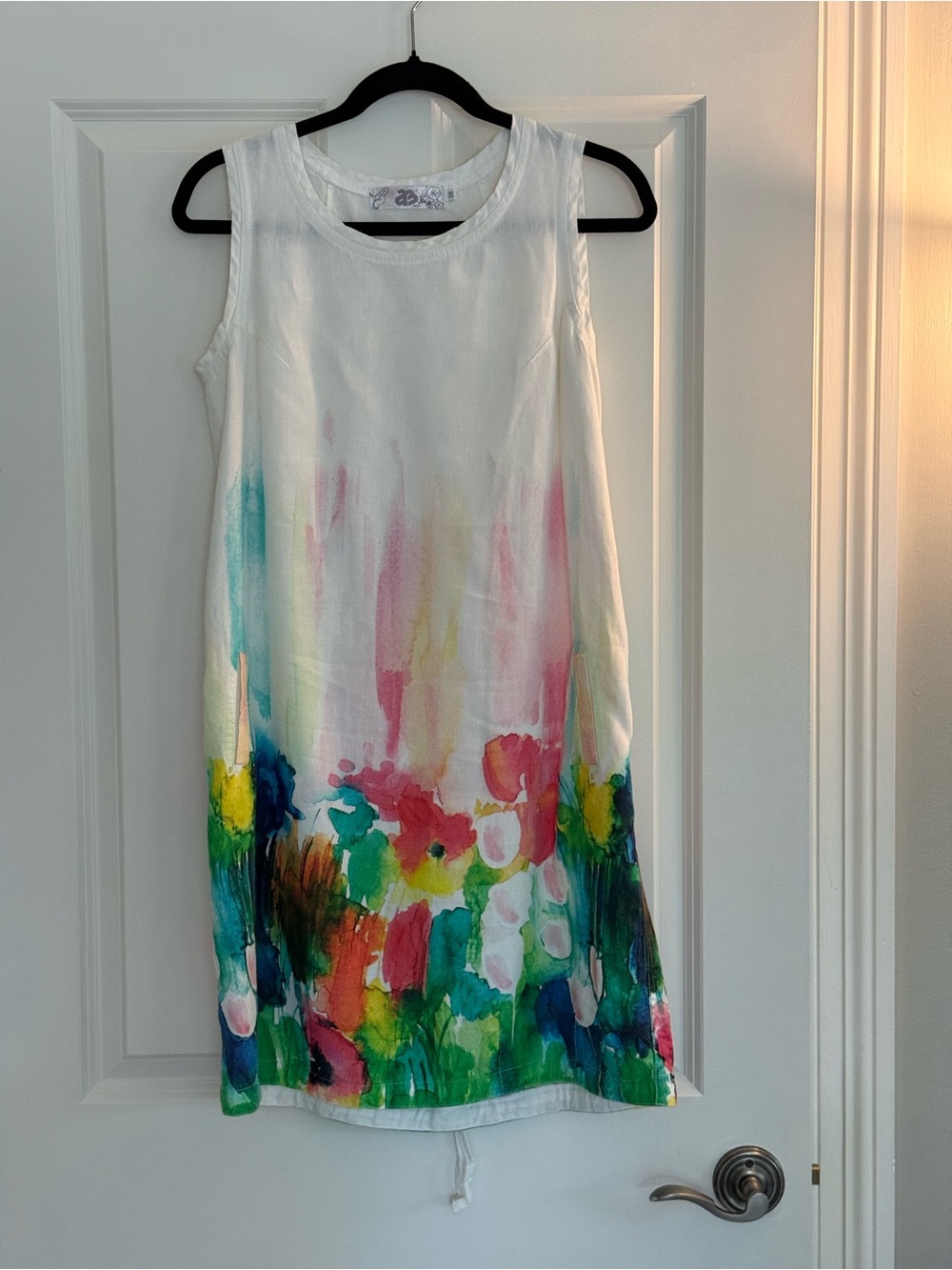 Handpainted White Cotton Tank Dress with Multicolor Watercolor Floral Hem
